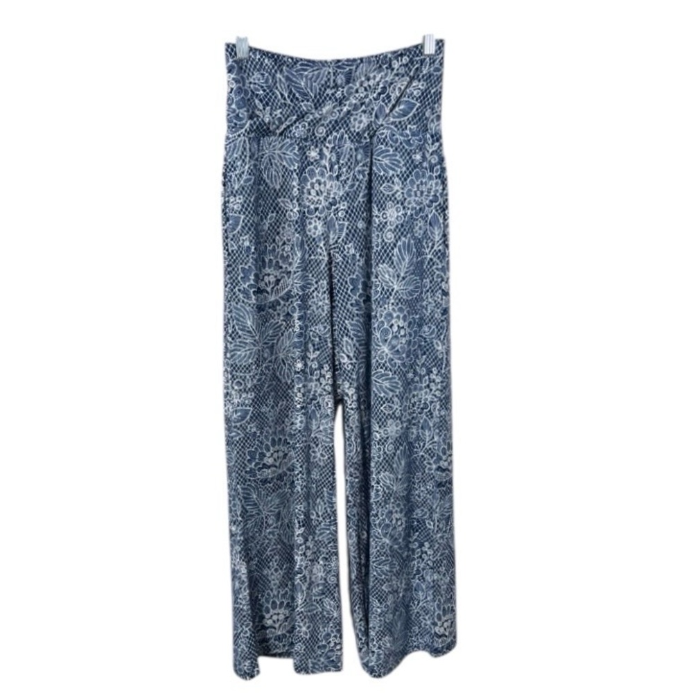 Women’s Small High Waisted Cross Cross Front Soft Stretch Wide Leg Pants Blue
